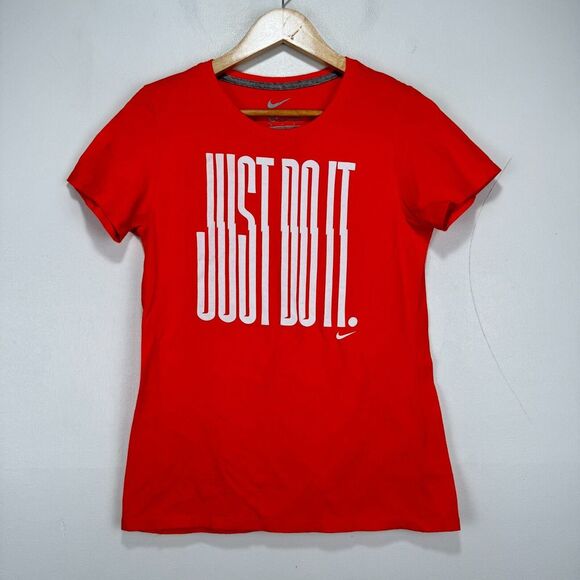 Nike T Shirt Women Medium Slim Fit Cotton Red‎ White Just Do It Graphic Print - Picture 1 of 7